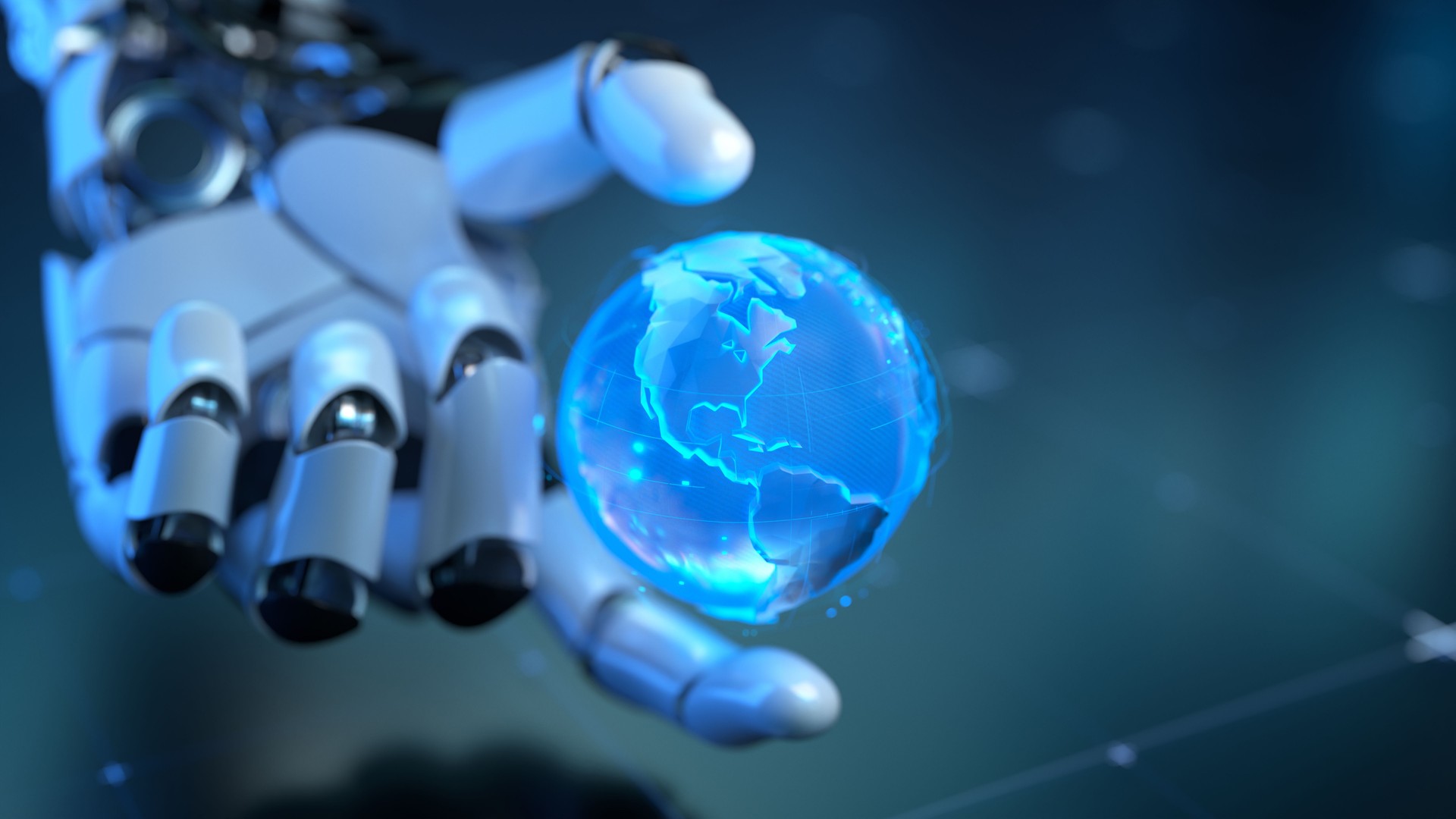 Futuristic Robotic Hand Holding a Holographic Blue Globe in Digital Environment Futuristic Robotic Hand Holding a Holographic Blue Globe in Digital Environment